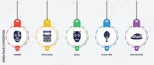 infographic element template with pet hotel filled icons such as zombie, pets hotel, devil, plain tree, dog resting vector.