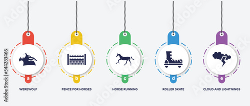 infographic element template with poi nature filled icons such as werewolf, fence for horses jumps, horse running, roller skate, cloud and lightnings vector.