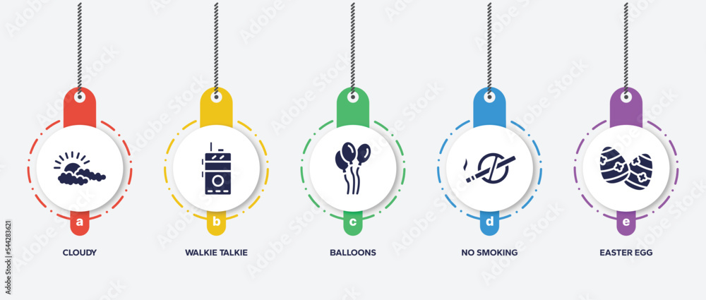 infographic element template with spring filled icons such as cloudy, walkie talkie, balloons, no smoking, easter egg vector. infographic element template with spring filled icons such as cloudy, walkie talkie, balloons, no smoking, easter egg vector.
