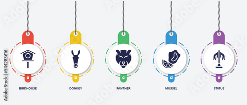 infographic element template with city park filled icons such as birdhouse, donkey, panther, mussel, statue vector.