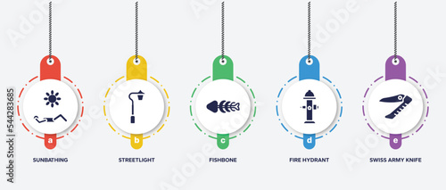 infographic element template with hunting filled icons such as sunbathing, streetlight, fishbone, fire hydrant, swiss army knife vector.