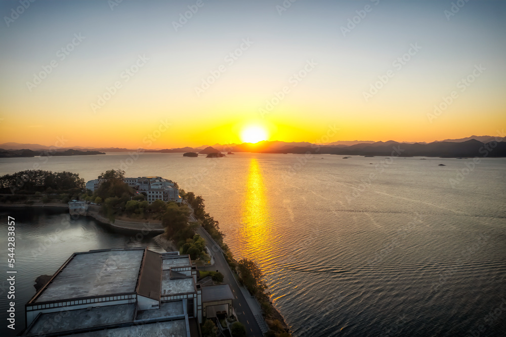 Aerial photography of the natural scenery of Qiandao Lake at sunset