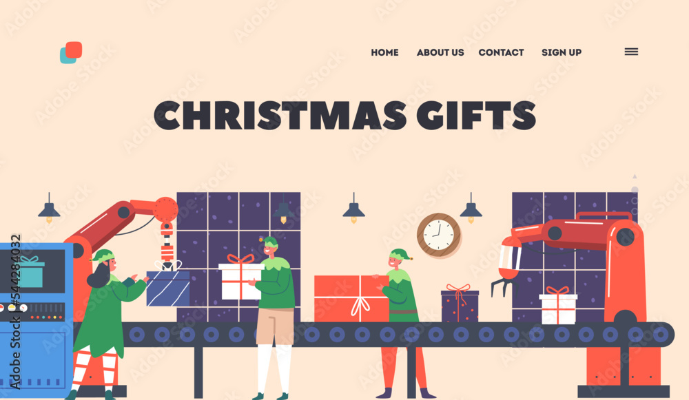 Christmas Gifts Landing Page Template. Santa Helpers Work on Conveyor. Factory with Elf Make Presents On Industrial Line