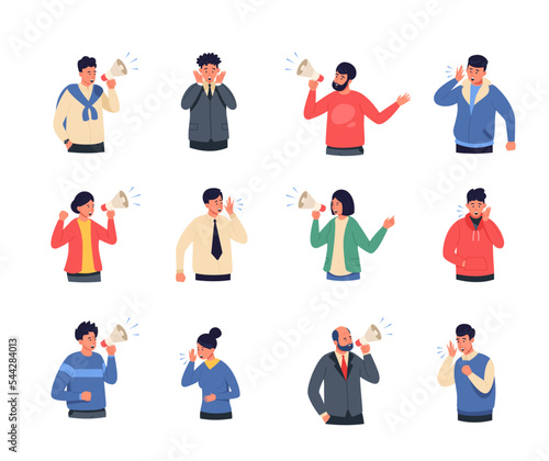 People screaming. Cartoon characters shouting holding loudspeaker, person attracting attention announce information talking loud. Vector isolated set