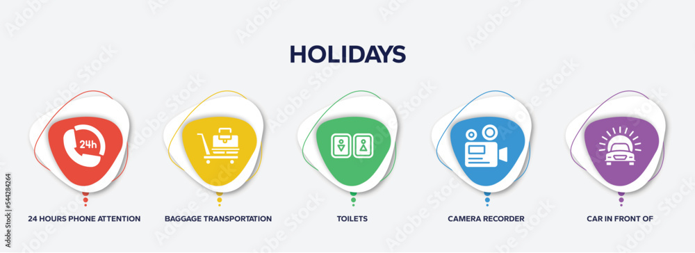 infographic element template with holidays filled icons such as 24 hours phone attention service, baggage transportation over wheels cart, toilets, camera recorder, car in front of the sun vector. infographic element template with holidays filled icons such as 24 hours phone attention service, baggage transportation over wheels cart, toilets, camera recorder, car in front of the sun vector.