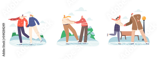 Set Happy Loving Couples in Warm Clothes Skating Outdoors on Frozen Pond in Winter Park. Young Pairs Wintertime Fun