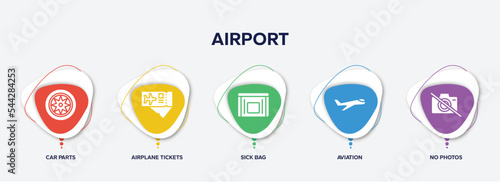 infographic element template with airport filled icons such as car parts, airplane tickets, sick bag, aviation, no photos vector.