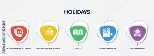 infographic element template with holidays filled icons such as 24 hours phone attention service, baggage transportation over wheels cart, toilets, camera recorder, car in front of the sun vector.
