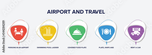 infographic element template with airport and travel filled icons such as persons in an airport, swimming pool ladder, covered food plate, plate, knife and fork, rent a car vector.