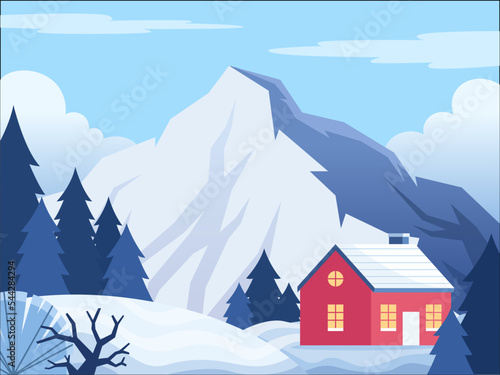 Cartoon winter snowy mountains landscape with house on hill.
Village winter landscape with snow covered houses, mountains, landscape.
Suitable for greeting card, postcard, banner, background, etc