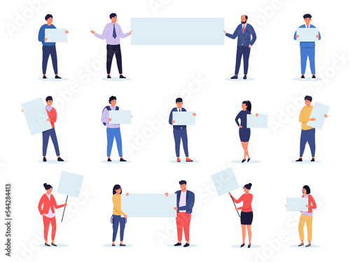 People holding boards. Mass of man woman characters with empty banners, group of activists with blank placards cartoon style. Vector isolated set