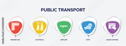infographic element template with public transport filled icons such as broken line, car pedals, airplane, shift, access control vector.