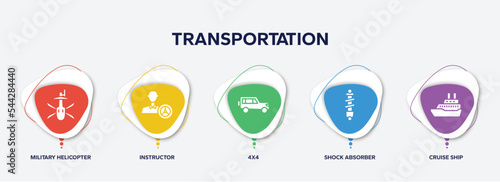 infographic element template with transportation filled icons such as military helicopter bottom view, instructor, 4x4, shock absorber, cruise ship vector.