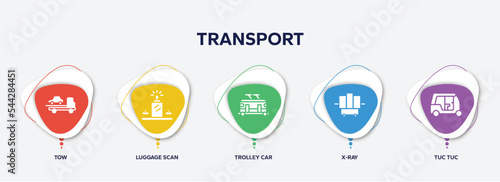 infographic element template with transport filled icons such as tow, luggage scan, trolley car, x-ray, tuc tuc vector.