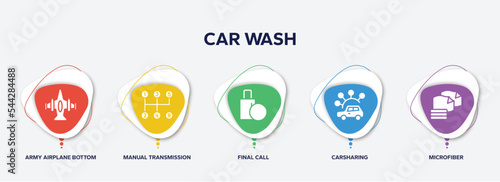 infographic element template with car wash filled icons such as army airplane bottom view, manual transmission, final call, carsharing, microfiber vector.