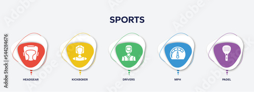 infographic element template with sports filled icons such as headgear, kickboxer, drivers, mph, padel vector.