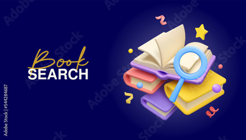 Vector 3d search banner. Magnifying glass with open book render illustration