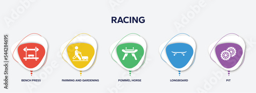 infographic element template with racing filled icons such as bench press, farming and gardening, pommel horse, longboard, pit vector.
