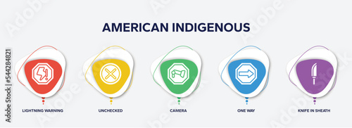 infographic element template with american indigenous filled icons such as lightning warning, unchecked, camera, one way, knife in sheath vector.