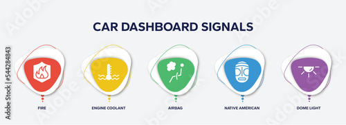 infographic element template with car dashboard signals filled icons such as fire, engine coolant, airbag, native american mask, dome light vector.