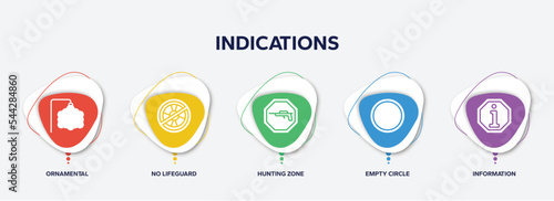 infographic element template with indications filled icons such as ornamental, no lifeguard, hunting zone, empty circle, information vector.