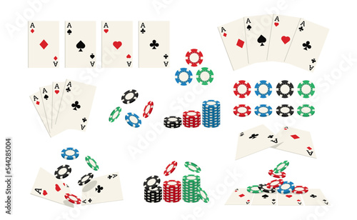 Playing cards and chips set. Casino gambling game coins, aces hearts and spades, clubs and diamonds poker lucky roulette bet cartoon style. Vector set