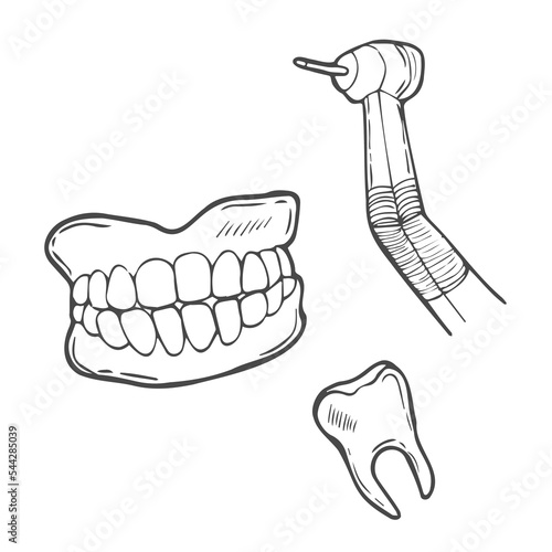 Dentistry doodles icon set. Hand drawn lines stomatology, dental, odontology cartoon collection. Teeth, dentures, orthodontic, dental instruments. Vector illustration.