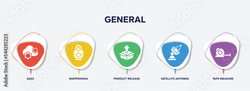 infographic element template with general filled icons such as saas, matryoshka, product release, satellite antenna, tape measure vector.