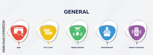 infographic element template with general filled icons such as sem, text chat, water sensor, referendum, smart assistant vector.