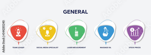 infographic element template with general filled icons such as team leader, social media specialist, laser measurement, massage oil, stock prices vector.