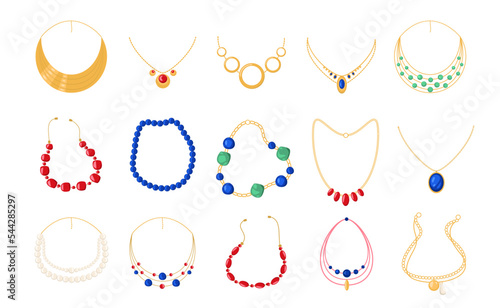 Cartoon necklaces. Luxury gold metal beads jewellery, woman fashion pearl collar beads chain with gemstone bijouterie. Vector isolated collection