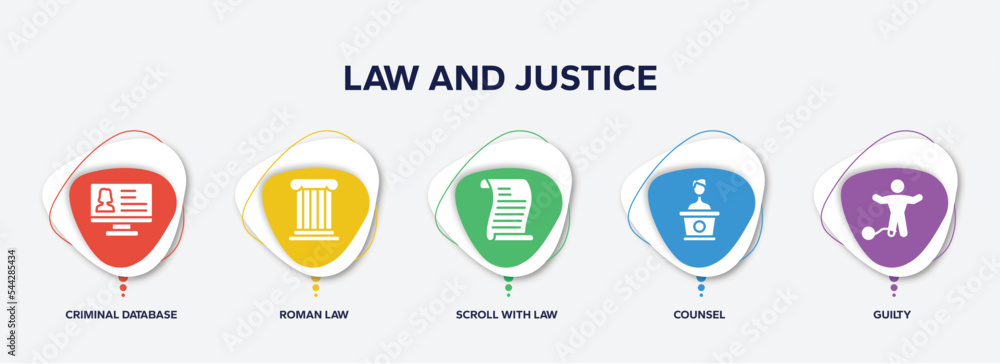 infographic element template with law and justice filled icons such as criminal database, roman law, scroll with law, counsel, guilty vector.