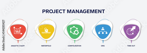 infographic element template with project management filled icons such as analytic chart, waterpolo, configuration, org, time out vector.