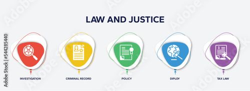 infographic element template with law and justice filled icons such as investigation, criminal record, policy, diploy, tax law vector.