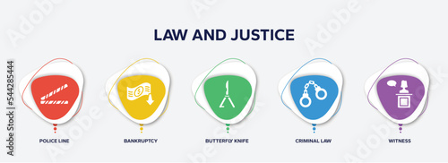 infographic element template with law and justice filled icons such as police line, bankruptcy, butterfly knife, criminal law, witness vector.
