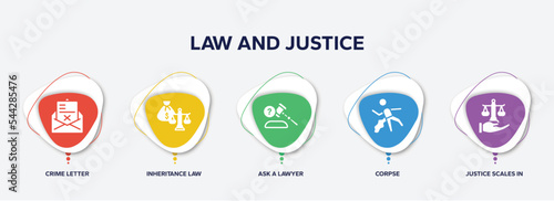 infographic element template with law and justice filled icons such as crime letter, inheritance law, ask a lawyer, corpse, justice scales in hand vector.