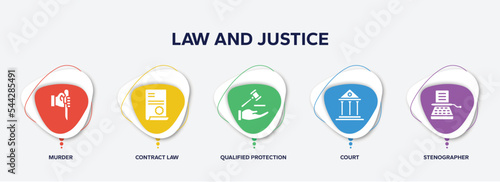 infographic element template with law and justice filled icons such as murder, contract law, qualified protection, court, stenographer vector.