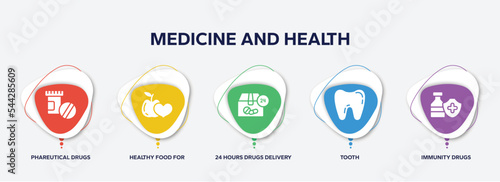 infographic element template with medicine and health filled icons such as phareutical drugs, healthy food for heart health care, 24 hours drugs delivery, tooth, immunity drugs vector. photo