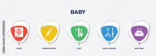 infographic element template with baby filled icons such as x rays, syringe needle, drip, tool surgeon, baby bag vector.