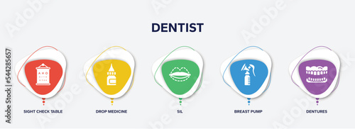 infographic element template with dentist filled icons such as sight check table, drop medicine, sil, breast pump, dentures vector.