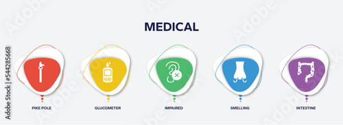 infographic element template with medical filled icons such as pike pole, glucometer, impaired, smelling, intestine vector.
