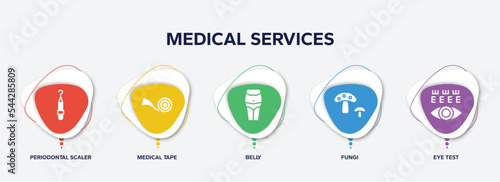 infographic element template with medical services filled icons such as periodontal scaler, medical tape, belly, fungi, eye test vector.