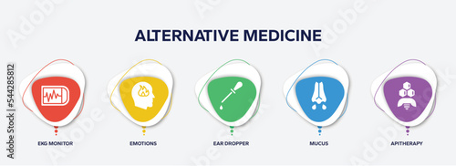 infographic element template with alternative medicine filled icons such as ekg monitor, emotions, ear dropper, mucus, apitherapy vector.