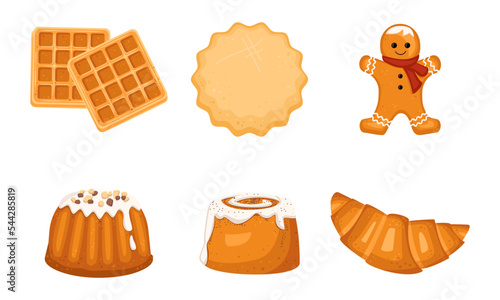 Set of delicious sweet pastries for breakfast, tea and coffee. Croissant, bun and cookies for the festive table, pastry shop design. Vector flat illustration