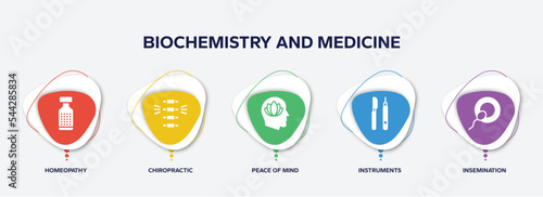 infographic element template with biochemistry and medicine filled icons such as homeopathy, chiropractic, peace of mind, instruments, insemination vector.