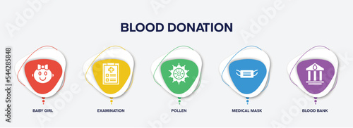 infographic element template with blood donation filled icons such as baby girl, examination, pollen, medical mask, blood bank vector.