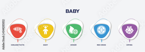 infographic element template with baby filled icons such as conjunctivitis, dizzy, donor, red cross, crying vector.