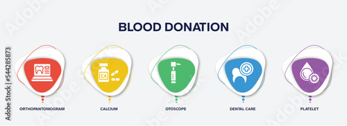 infographic element template with blood donation filled icons such as orthopantomogram, calcium, otoscope, dental care, platelet vector.