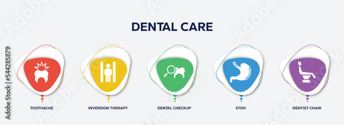 infographic element template with dental care filled icons such as toothache, inversion therapy, dental checkup, stoh, dentist chair vector.