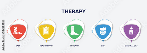infographic element template with therapy filled icons such as cast, health report, urticaria, dad, essential oils vector.